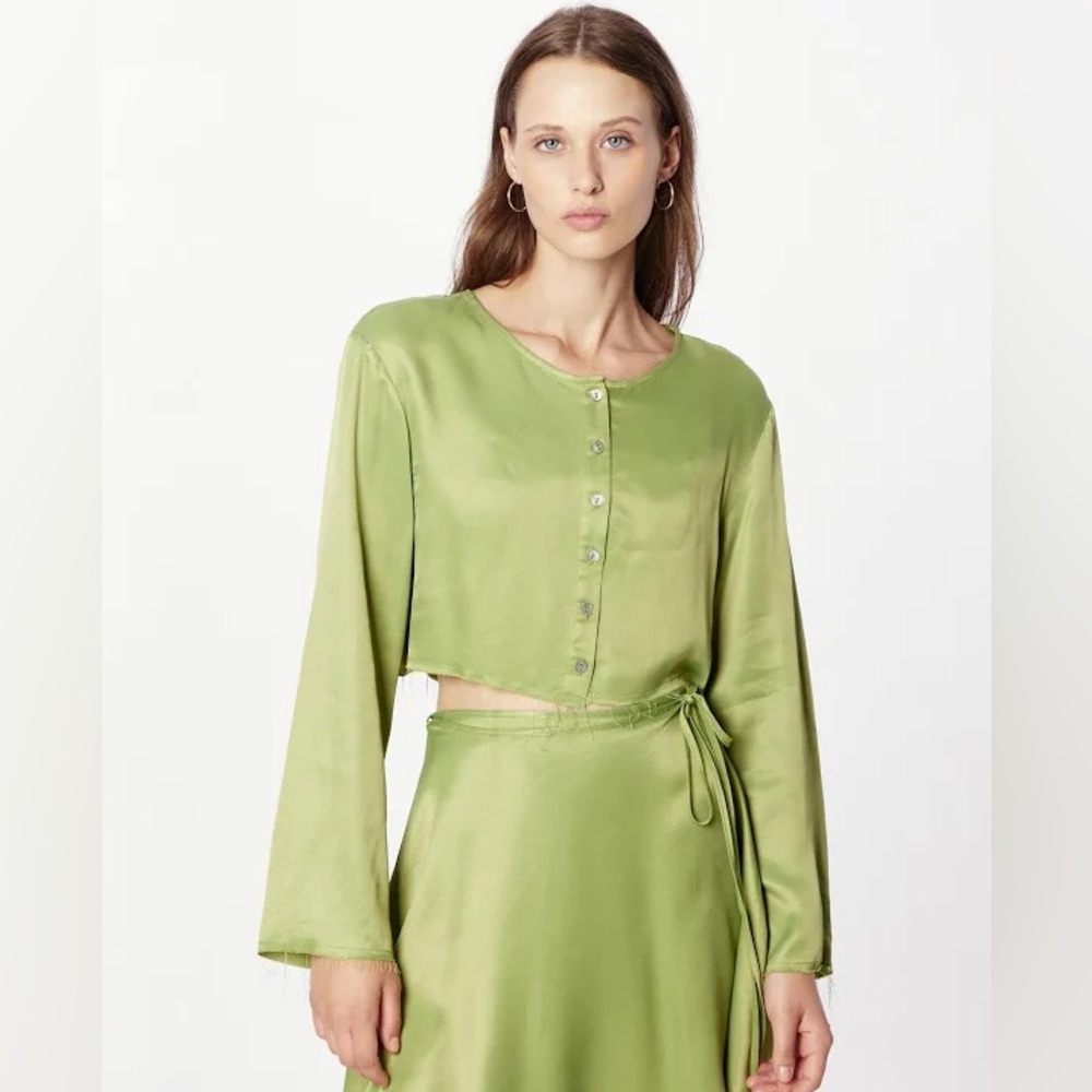 Topshop green crop top button up long sleeve